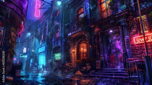 Neon-Drenched City Alley at Night with Dramatic Lighting and Atmosphere
