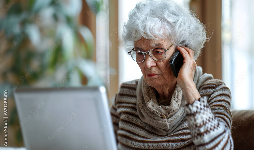 senior woman talking on the phone and using a laptop senior woman talking on the phone and using a laptop