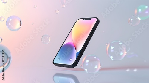 Simulation of an iPhone floating in the air with rainbow bubbles surrounding it. On a clean background Offers modern design and features.