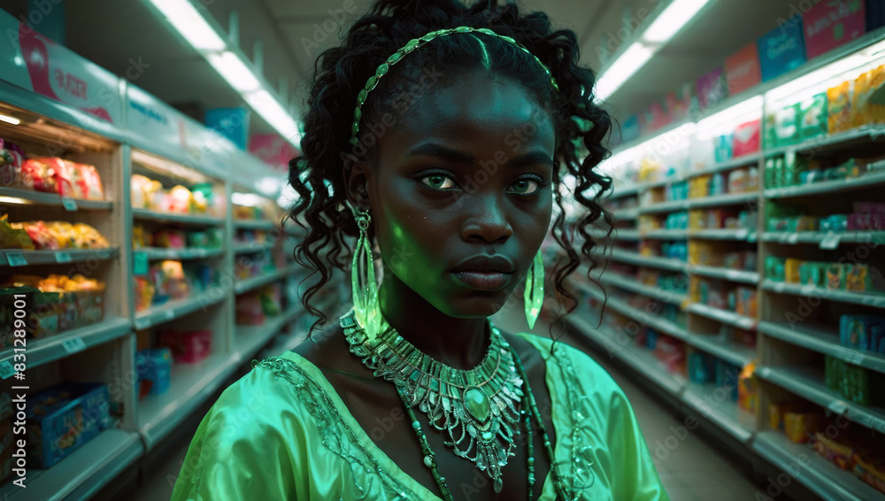 young smiling 20 year old african american woman with black curly hair taking a selfie among the shelves of a supermarket as a background young smiling 20 year old african american woman with black curly hair taking a selfie among the shelves of a supermarket as a background