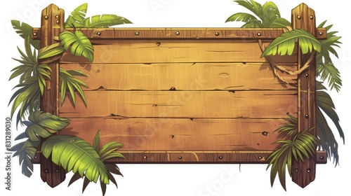 Fototapeta Naklejka Na Ścianę i Meble -  A vintage wooden plank sign adorned with whimsical palm leaves in a cartoonish design stands alone against a crisp white backdrop This textured and intricately detailed board serves as a jun