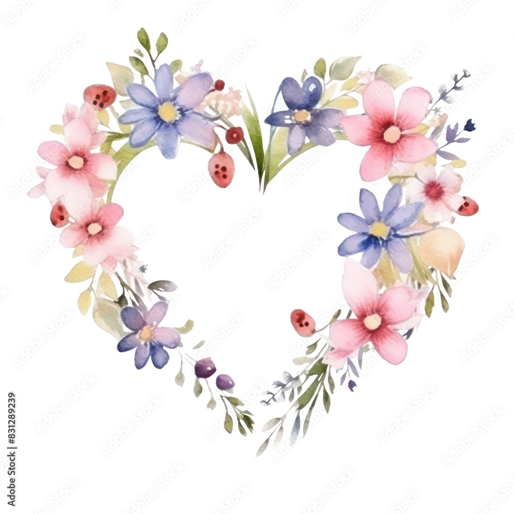 A watercolor painting of a heart shaped wreath made of various flowers. A watercolor painting of a heart shaped wreath made of various flowers.