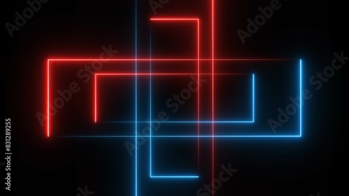 Glowing neon lines background on black background. Seamless rectangle loop illustration.