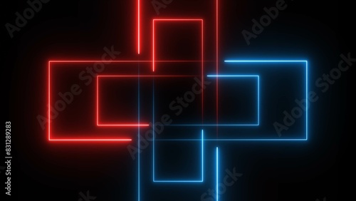 Glowing neon lines background on black background. Seamless rectangle loop illustration.