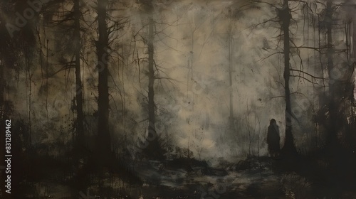 Mysterious Misty Forest Landscape with Shadowy Figures in the Mist