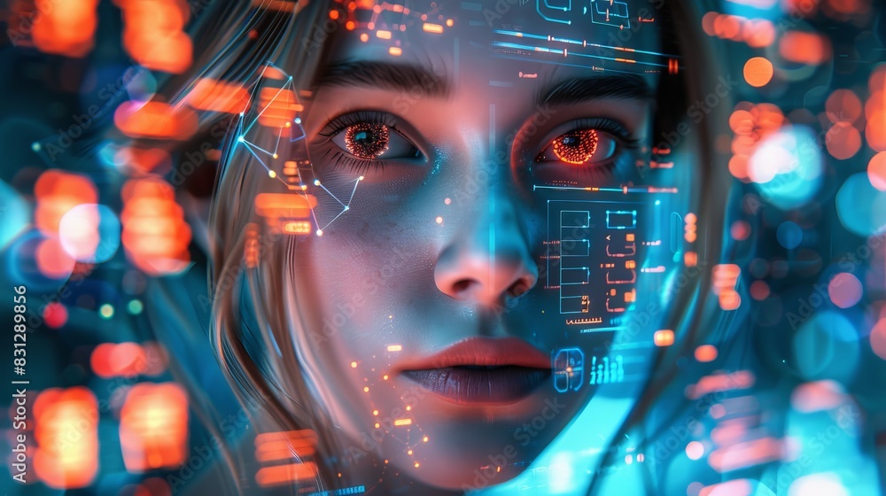 Young woman surrounded by biometric holograms, encrypted data streams, futuristic, neon highlights Young woman surrounded by biometric holograms, encrypted data streams, futuristic, neon highlights