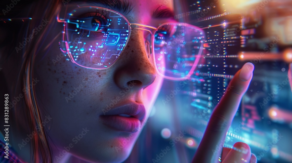 Young woman using holographic biometric scanner, digital encrypted data display, futuristic tech, neon lights Young woman using holographic biometric scanner, digital encrypted data display, futuristic tech, neon lights