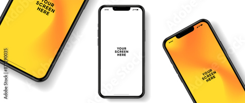 Realistic smartphone mockup. Mobile phone vector with isolated on white background. Device front view. 3D mobile phone with shadow. Realistic, high quality smart phone mockup for ui ux presentation.