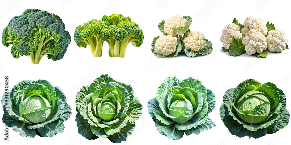 A set of different types and colors of broccoli, cauliflower and ...