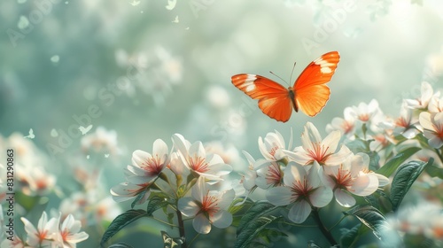 Against the background of a morning spring forest, first forest spring flowers and a flying butterfly. Generative artificial intelligence. © DZMITRY