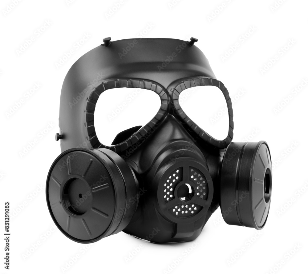 One gas mask isolated on white. Safety equipment One gas mask isolated on white. Safety equipment