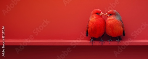 Two red birds on a red background photo