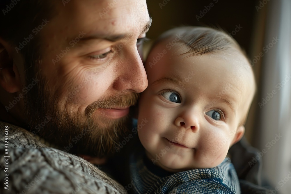 Closeup of a loving father gently holding his infant child, showcasing a bond of affection Closeup of a loving father gently holding his infant child, showcasing a bond of affection