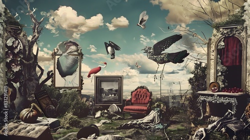 Whimsical Levitation of Antique Furniture in Ethereal Surreal Landscape