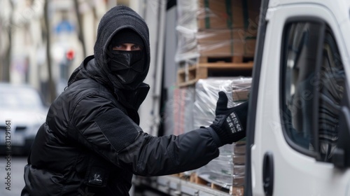 A man in a black jacket is reaching into a truck
