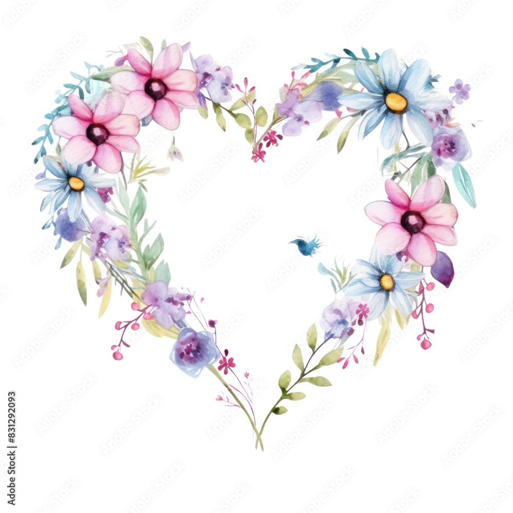 A watercolor painting of a heart-shaped wreath made of flowers. A watercolor painting of a heart-shaped wreath made of flowers.
