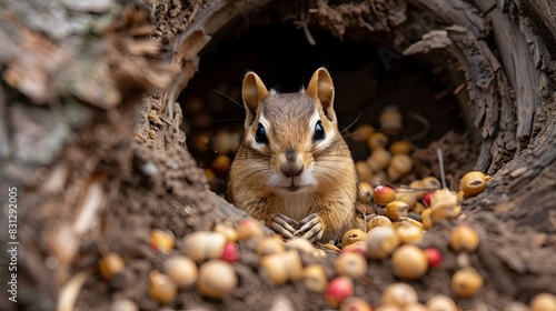 Winter Slumber: A Chipmunk Hibernating in its Burrow Filled with Food Supplies photo