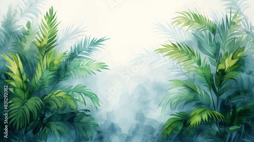 Watercolour floral design with palm leaves, vivid blue and emerald green colors. © DZMITRY