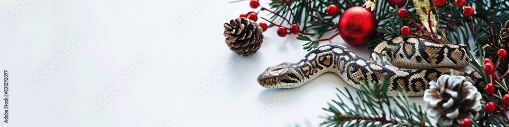 Obraz premium Festive Snake Among Christmas Decorations on Snowy Backdrop