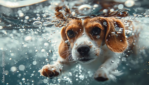 Close-up of a cute beagle puppy swimming underwater with bubbles surrounding it, showcasing its adorable face and determined expression. photo