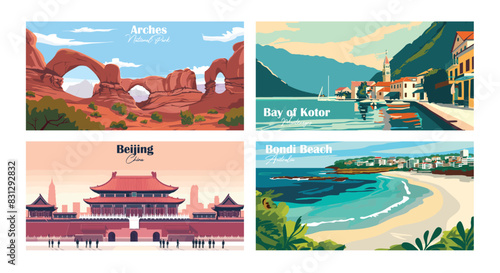Arches, National Park, Bay of Kotor, Montenegro, Beijing, China, Bondi Beach, Australia - Vector illustrations. Travel summer holiday vacation banner concept.