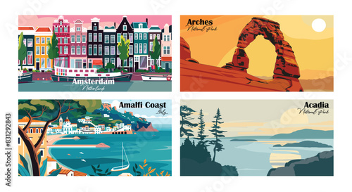 Acadia, Amalfi Coast, Italy, Amsterdam, Netherlands, Arches, National Park - Vector illustrations. Travel summer holiday vacation banner concept.