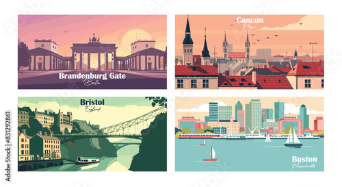 Boston, Massachusetts, Brandenburg Gate, Berlin, Bristol, England, Cancun, Mexico - Vector illustrations. Travel summer holiday vacation banner concept.