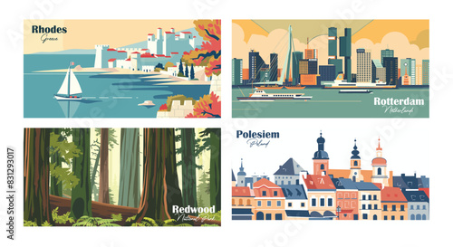 Rotterdam, Netherlands, Rhodes, Greece, Redwood, National Park, Polesiem, Poland - Vector illustrations. Travel summer holiday vacation banner concept.