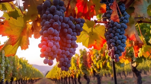 Ripe grapes in vineyard at sunset, Tuscany, Italy. A cluster of ripe grapes hangs from the vine, illuminated by the warm glow of a setting sun in a vineyard, symbolizing harvest time.