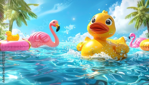 Joyful inflatable rubber duck and flamingo floating in a tropical swimming pool, under a bright sunny sky with palm trees.