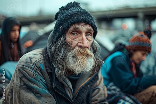 Portrait of a homeless man with a long beard and beanie in an urban setting