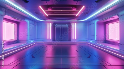 A large room with neon lights and pink walls