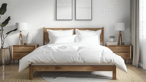 Scandinavian master bedroom with a sleek bed frame, white bedding, wooden nightstands, and simple decor photo