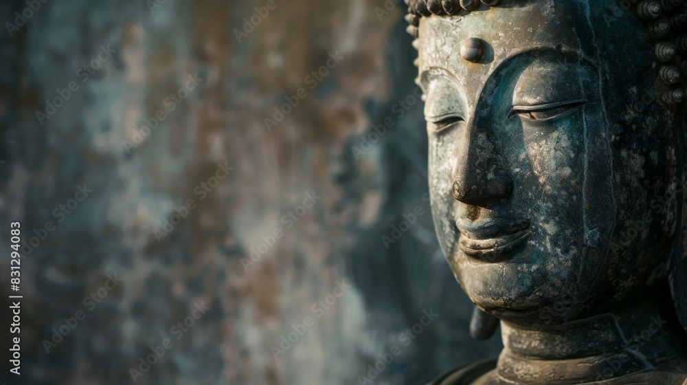 Tranquil close-up of a buddha statue's face with a textured background