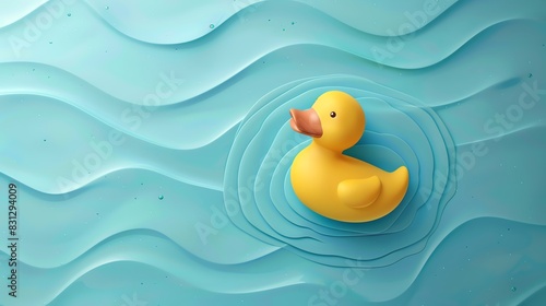 Yellow rubber duck floating on blue water waves. Perfect for bathroom, childhood, and playful themes in stock photography. photo
