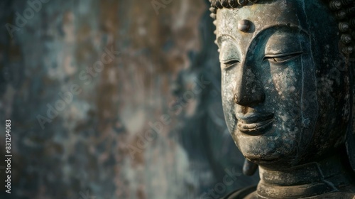 Tranquil close-up of a buddha statue s face with a textured background