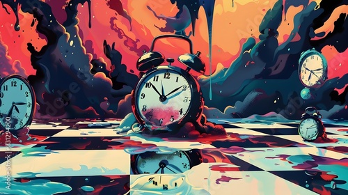 Wallpaper Mural Surreal Distorted Landscape with Floating Clocks in Ominous Cloudy Skies Torontodigital.ca