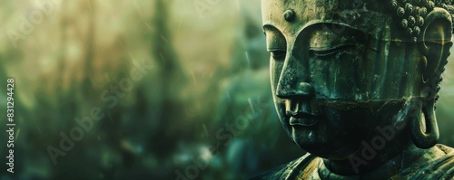 Serene buddha statue in mystical light photo