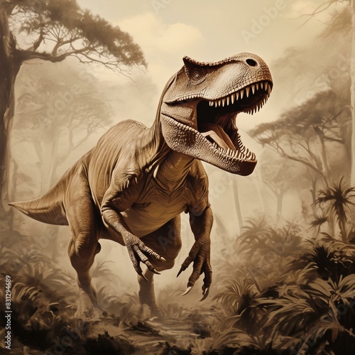Un T-Rex à la poursuite d’une proie dans une jungle préhistorique