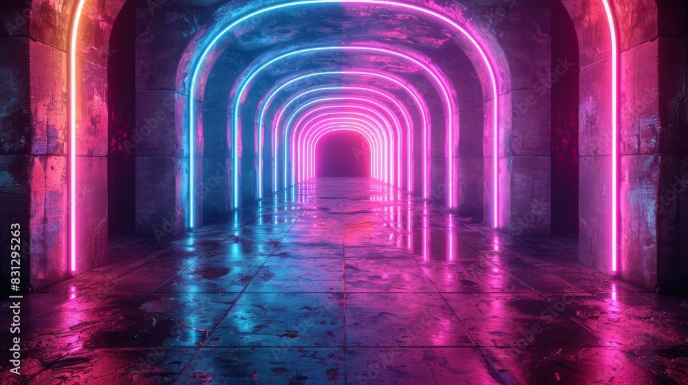 A futuristic sci-fi background with neon tubes, purple and pink light tubes, in a dark grungy concrete brick room.