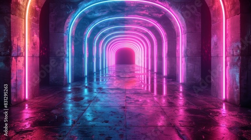 A futuristic sci-fi background with neon tubes  purple and pink light tubes  in a dark grungy concrete brick room.