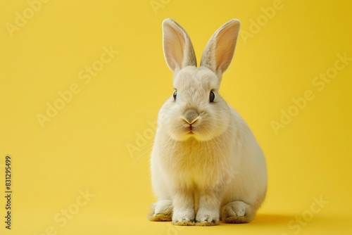 a white rabbit sitting on a yellow background © Bogdan