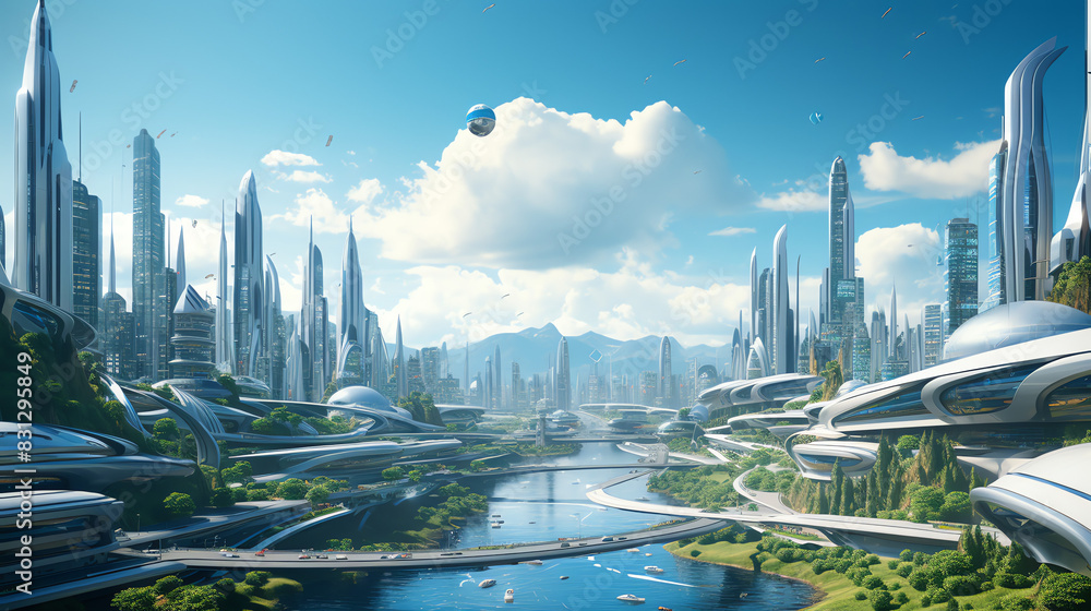 The image shows a futuristic city with many tall buildings, wide roads, and flying cars.

