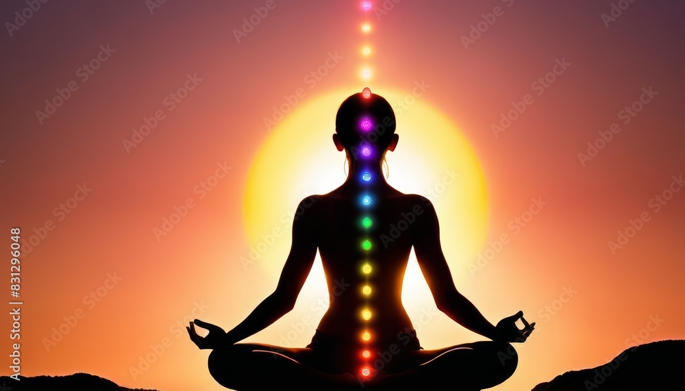 © Anastasiia - Silhouette of a person meditating in a yoga pose with aligned chakras at sunset. This serene image evokes tranquility, spiritual alignment, and inner peace, perfect for wellness themes.. AI Generation