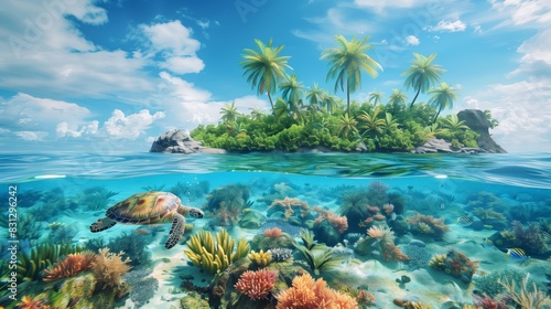 Abstract background , A beautiful tropical island with palm trees and clear blue water, a colorful coral reef and sea anemone at the bottom with an underwater view of a sea turtle and three clownfish.
