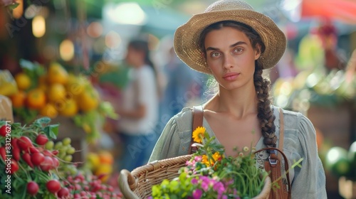 Young woman with braided hair and summer outfit at busy farmer's market. Young lady in straw hat holds basket at colorful market. © Eez Studio