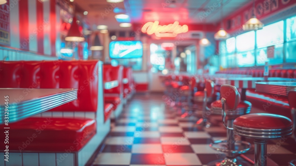 Classic American 1950s-style diner showcasing red booths, checkerboard floor, and neon lights during daytime, evoking nostalgic vibes.