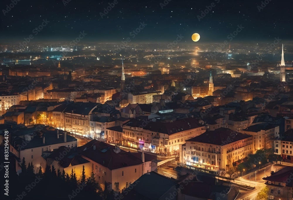 AI generated illustration of Urban cityscape at night with moon and stars above