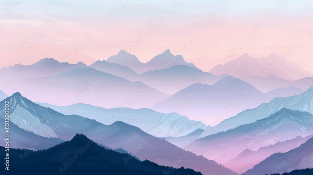 Panoramic illustration of tranquil mountains under a pastel sunrise sky