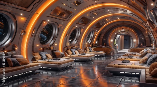 of a sci-fi futuristic triangle shaped alien spaceship with metal planes and a tunnel corridor punctuated by orange and white LED lights and a glossy floor.